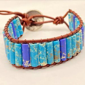 Natural Stone and Vegan Leather Bracelet - Blue